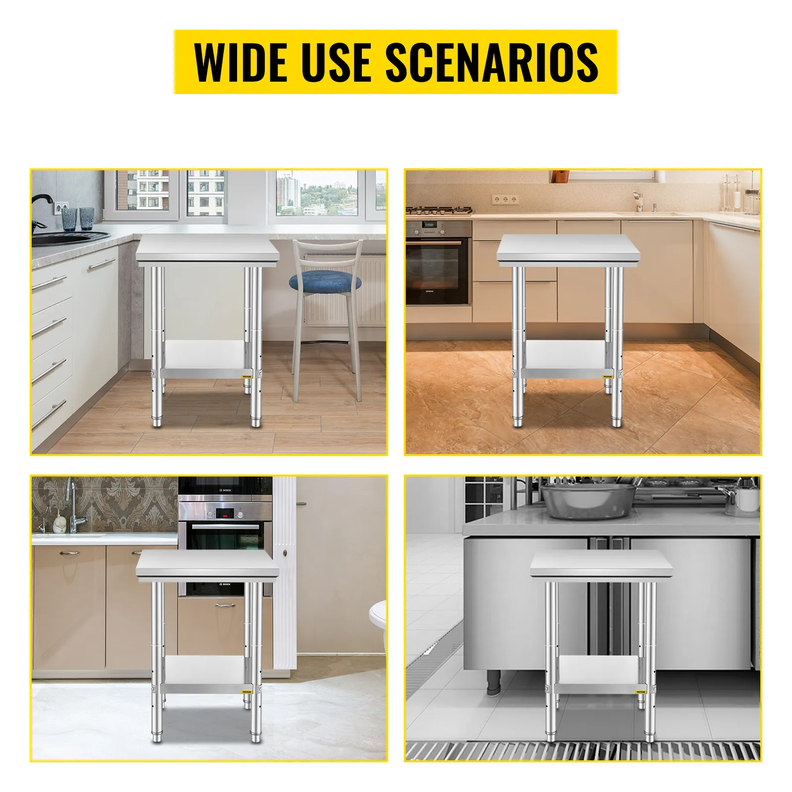 Mesa de preparación de acero inoxidable VEVOR en diversos entornos de cocina modernos. Amplios escenarios de uso.