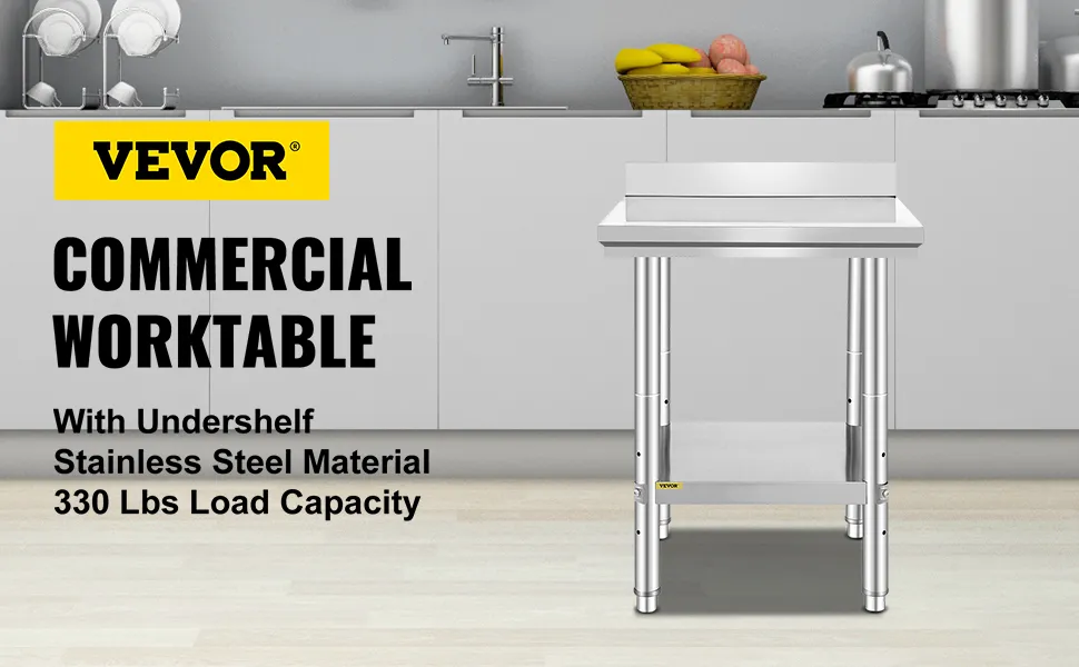 VEVOR stainless steel work table with undershelf in modern kitchen.