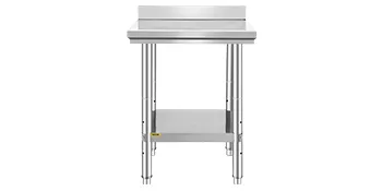 Stół roboczy VEVOR ze stali nierdzewnej z półką dolną i panelem ochronnym, widok z przodu.