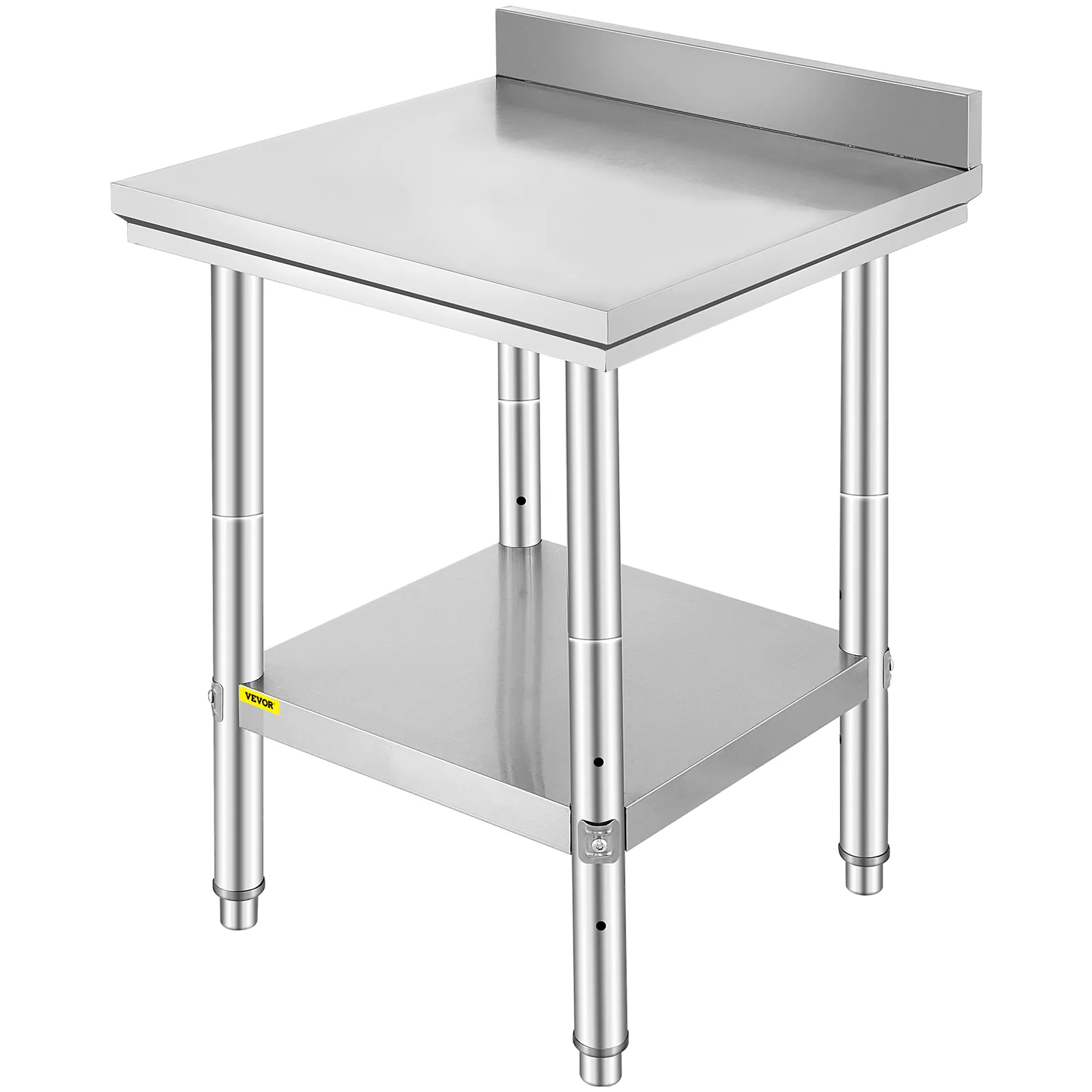 VEVOR stainless steel work table with undershelf and backsplash.