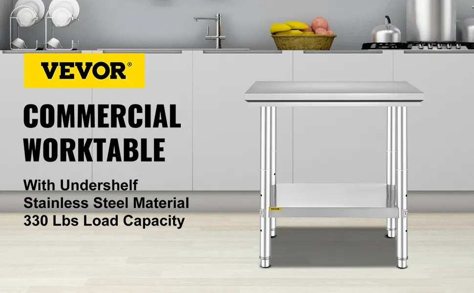 Mesa de trabajo de acero inoxidable VEVOR con estante inferior en un entorno de cocina moderno.