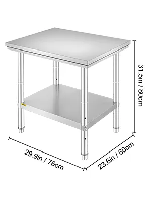 VEVOR stainless steel work table, 31.5in height, 29.9in width, and 23.6in depth.