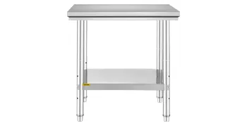 VEVOR stainless steel work table with bottom shelf and sturdy legs.