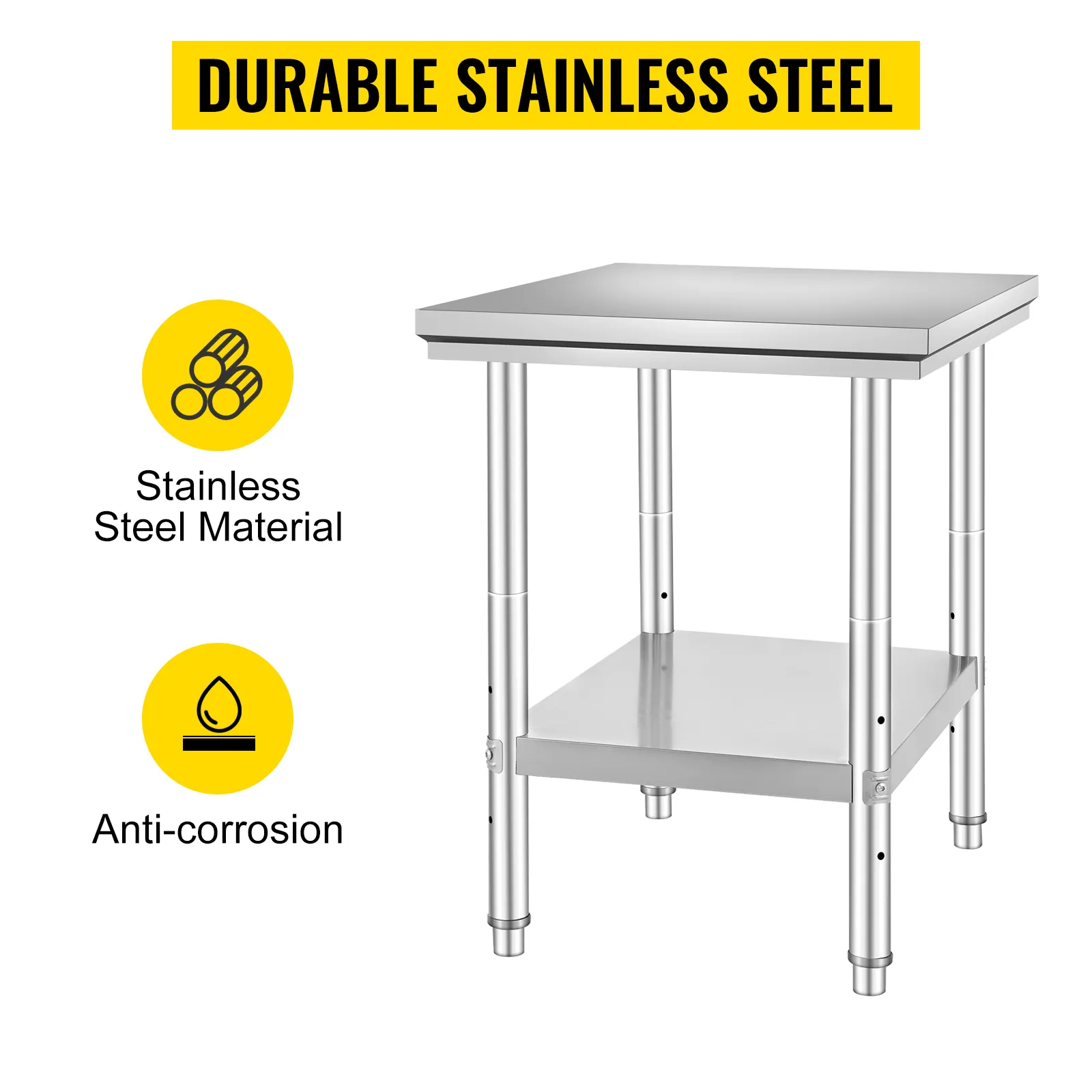 VEVOR stainless steel work table, anti-corrosion, durable stainless steel material.