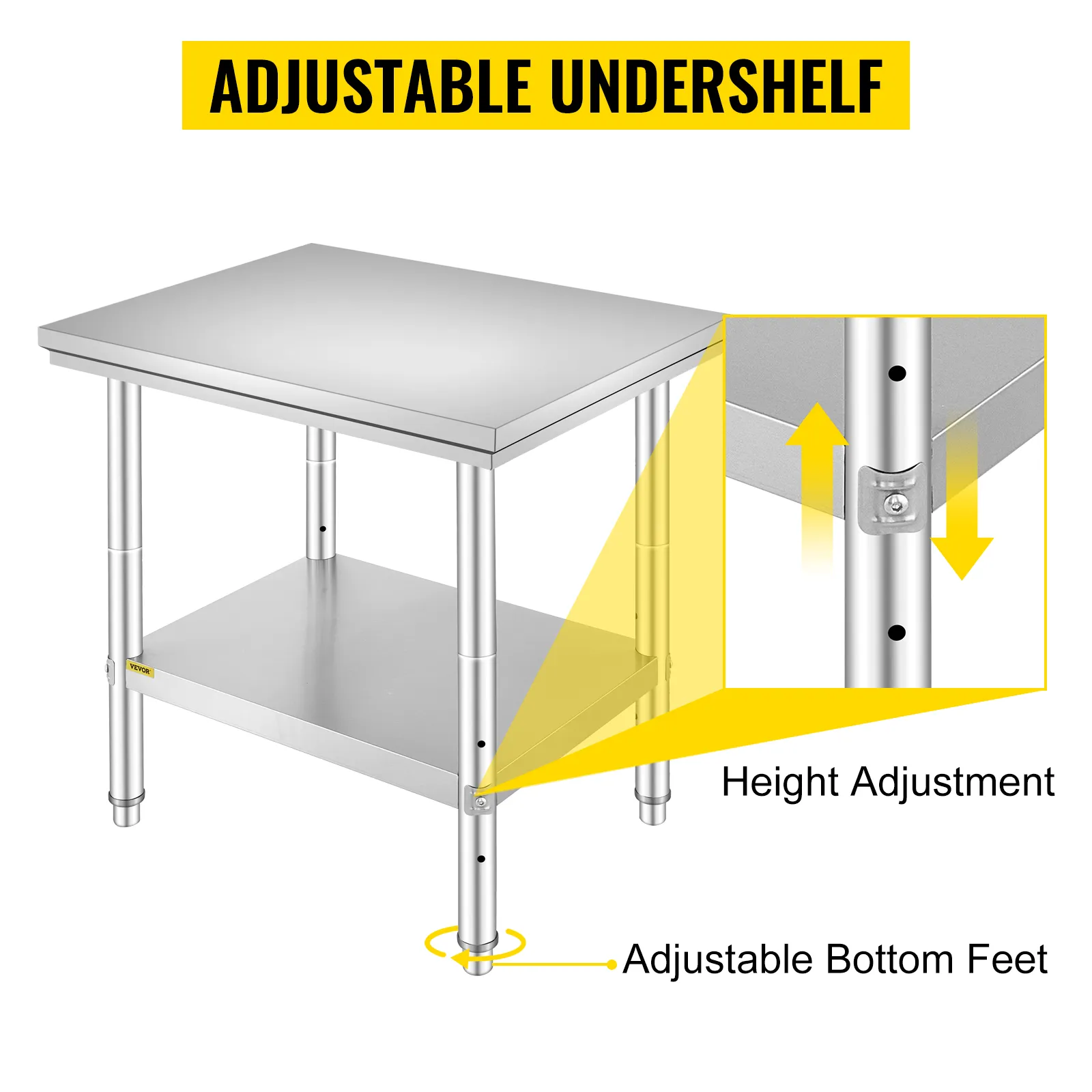 VEVOR stainless steel work table with adjustable undershelf and height-adjustable legs.