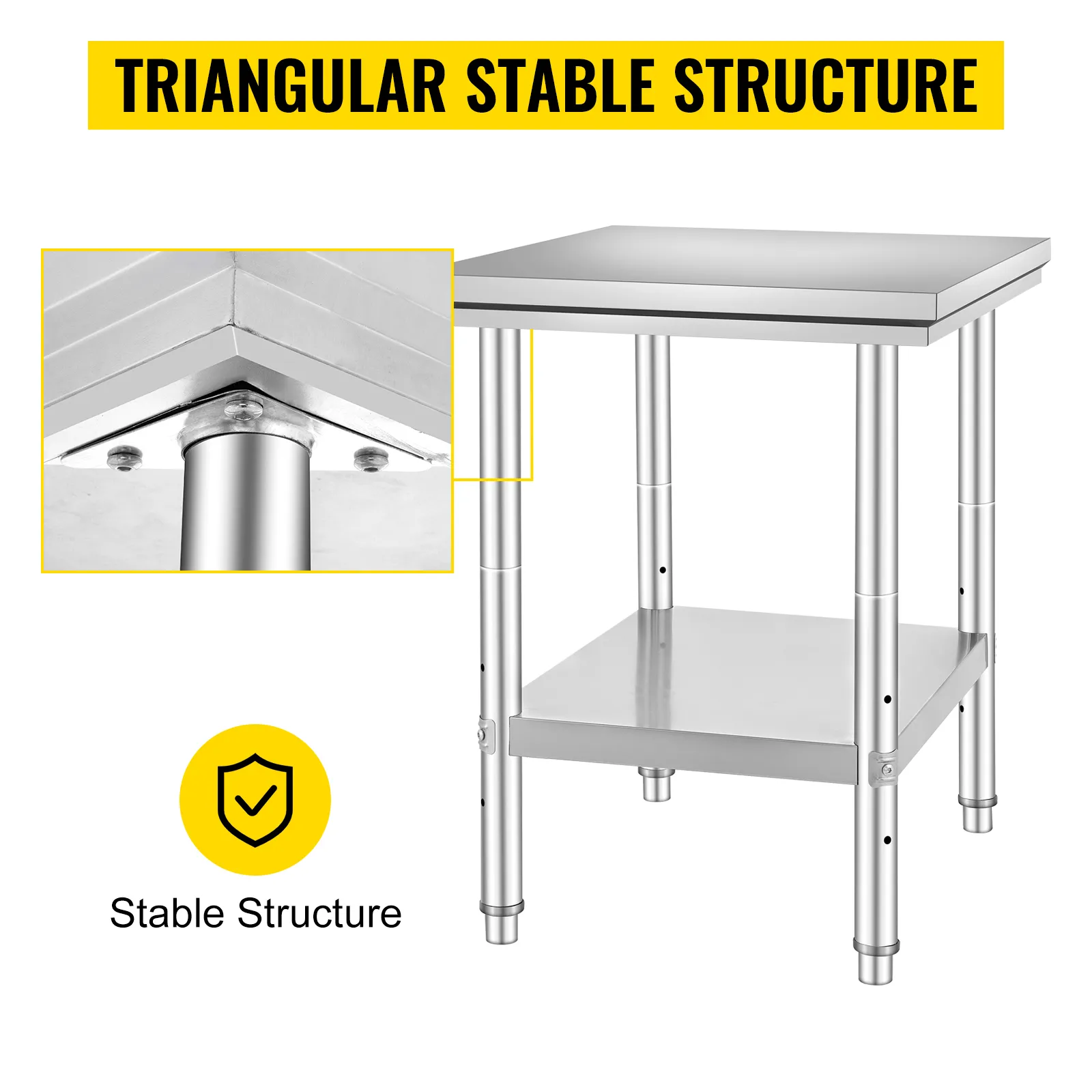 VEVOR stainless steel work table with triangular stable structure and lower shelf.