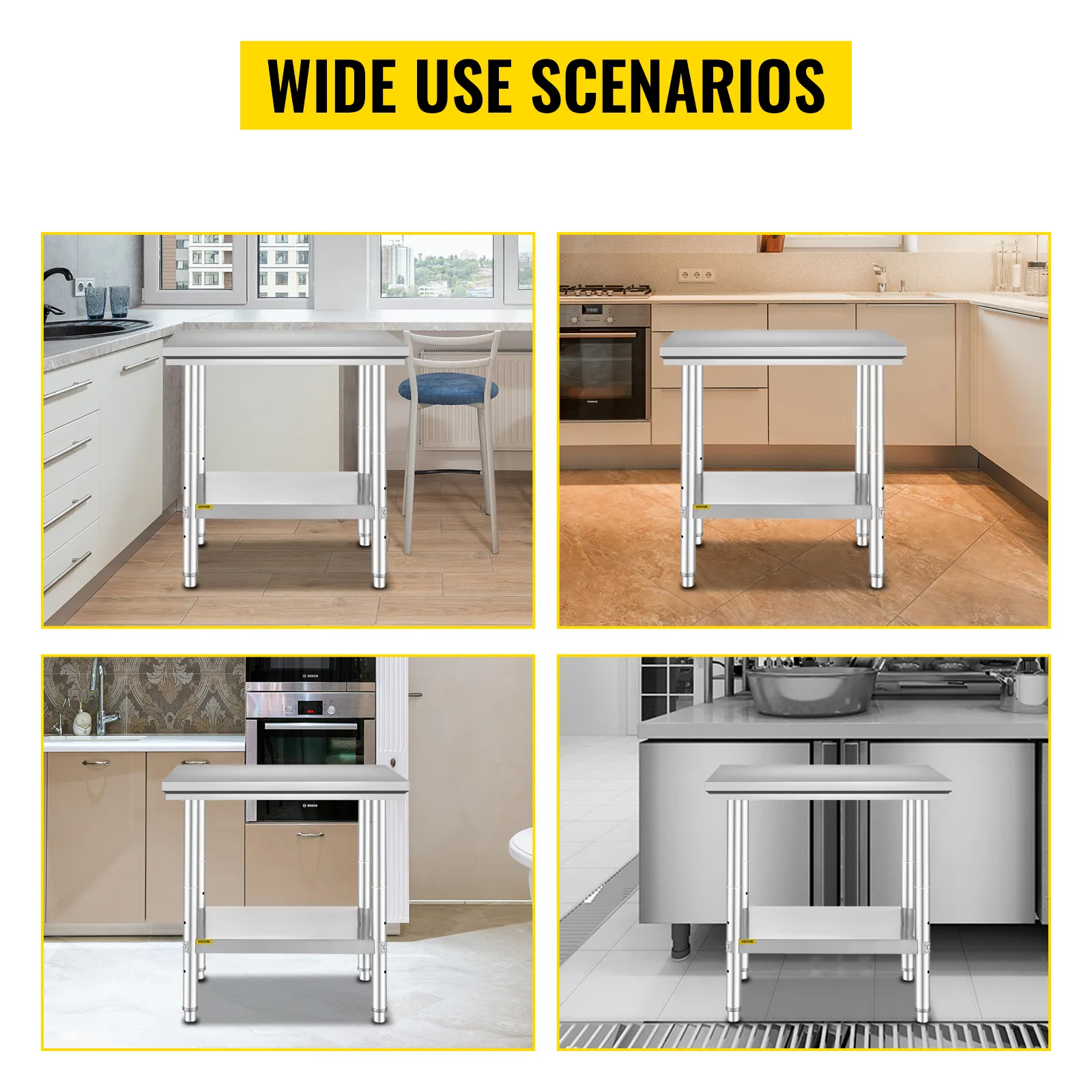 VEVOR stainless steel work table in various kitchen settings for wide use scenarios.