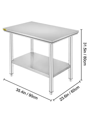 VEVOR stainless steel prep table with measurements, 35.4in x 23.6in x 31.5in.