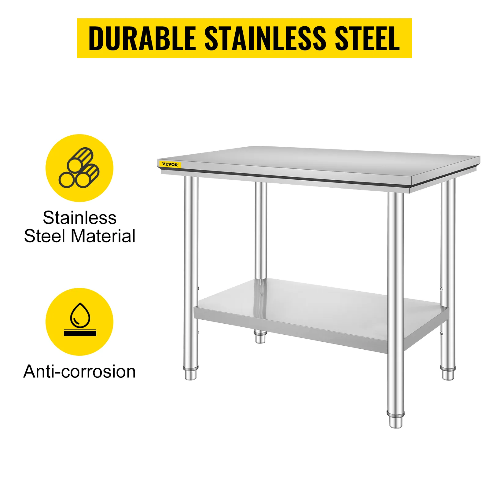 VEVOR stainless steel prep table, anti-corrosion, durable material.