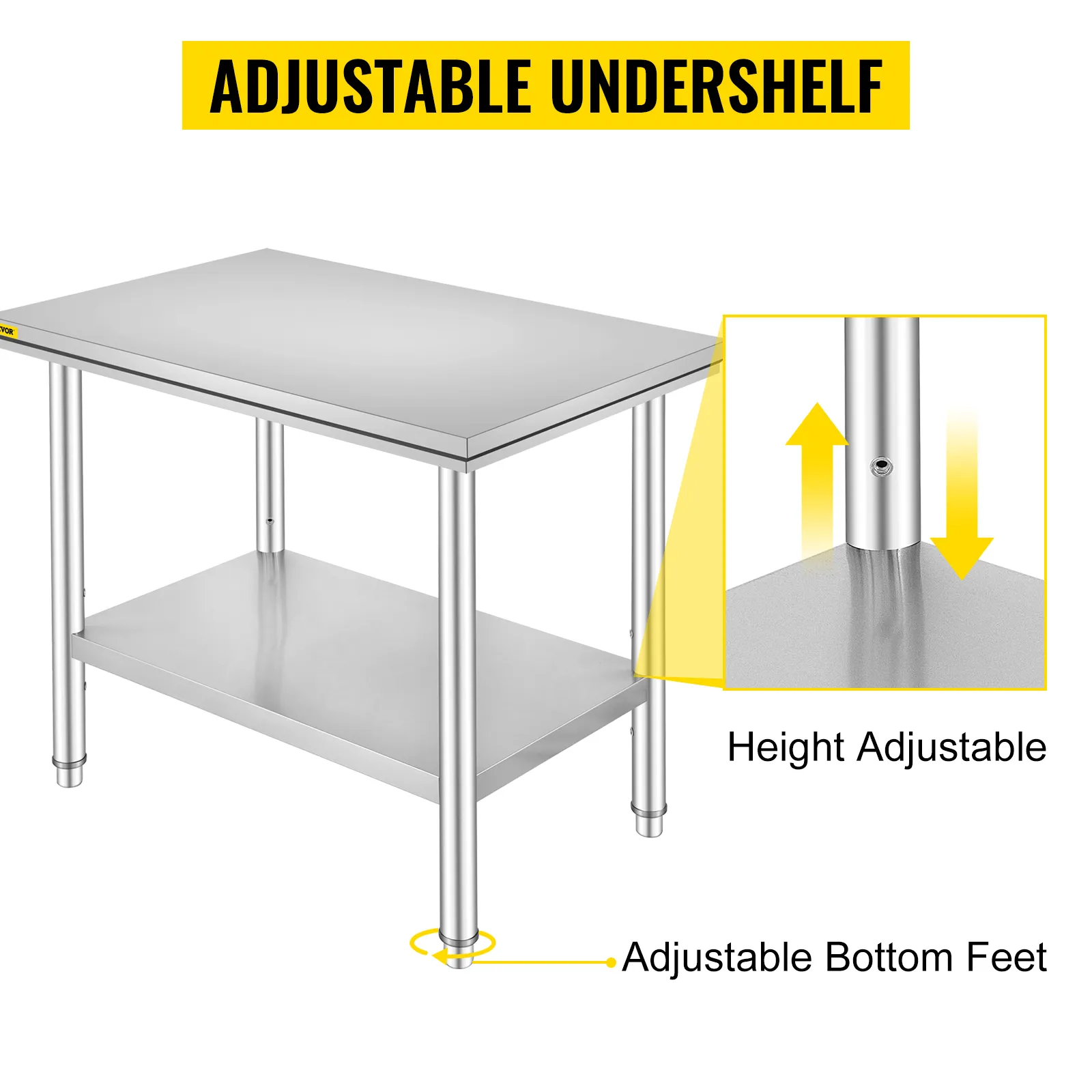 VEVOR stainless steel prep table with adjustable undershelf and adjustable bottom feet.