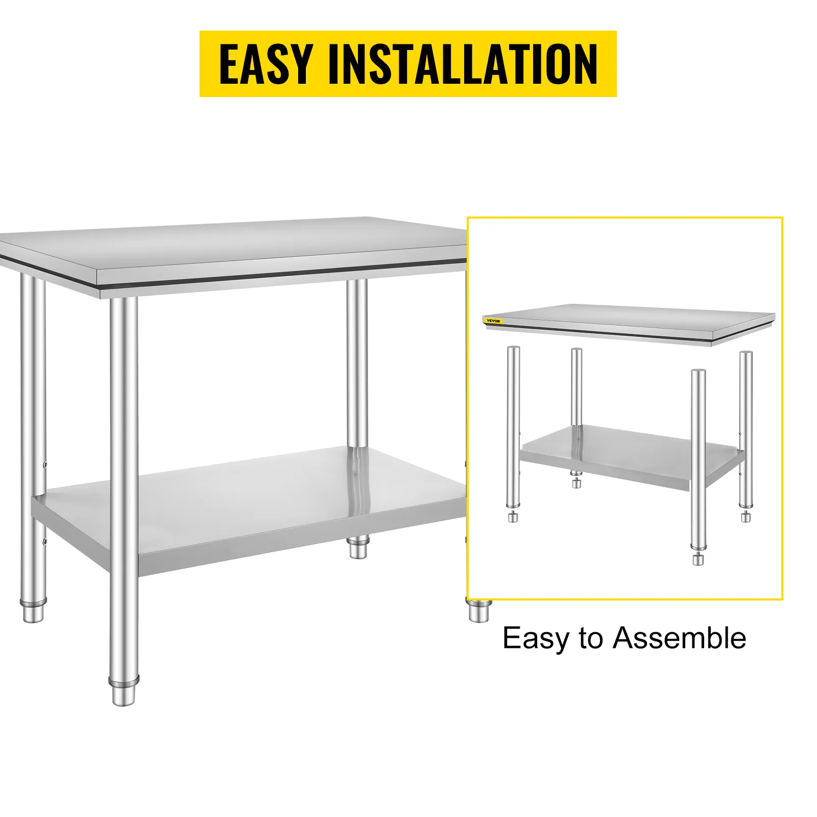 VEVOR stainless steel prep table with easy installation and assembly.