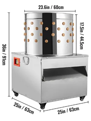 Desplumadora de pollos VEVOR con dimensiones 36 pulgadas x 25 pulgadas x 23,6 pulgadas sobre ruedas.