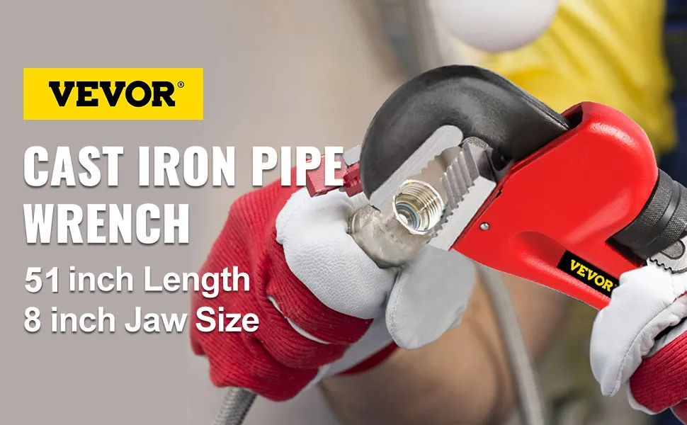VEVOR pipe wrench in use, 60-inch length, 8-inch jaw size, held by gloved hands.