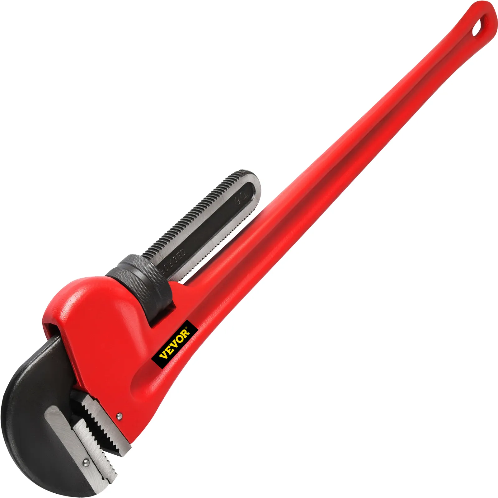 red VEVOR pipe wrench with long handle and adjustable jaw.