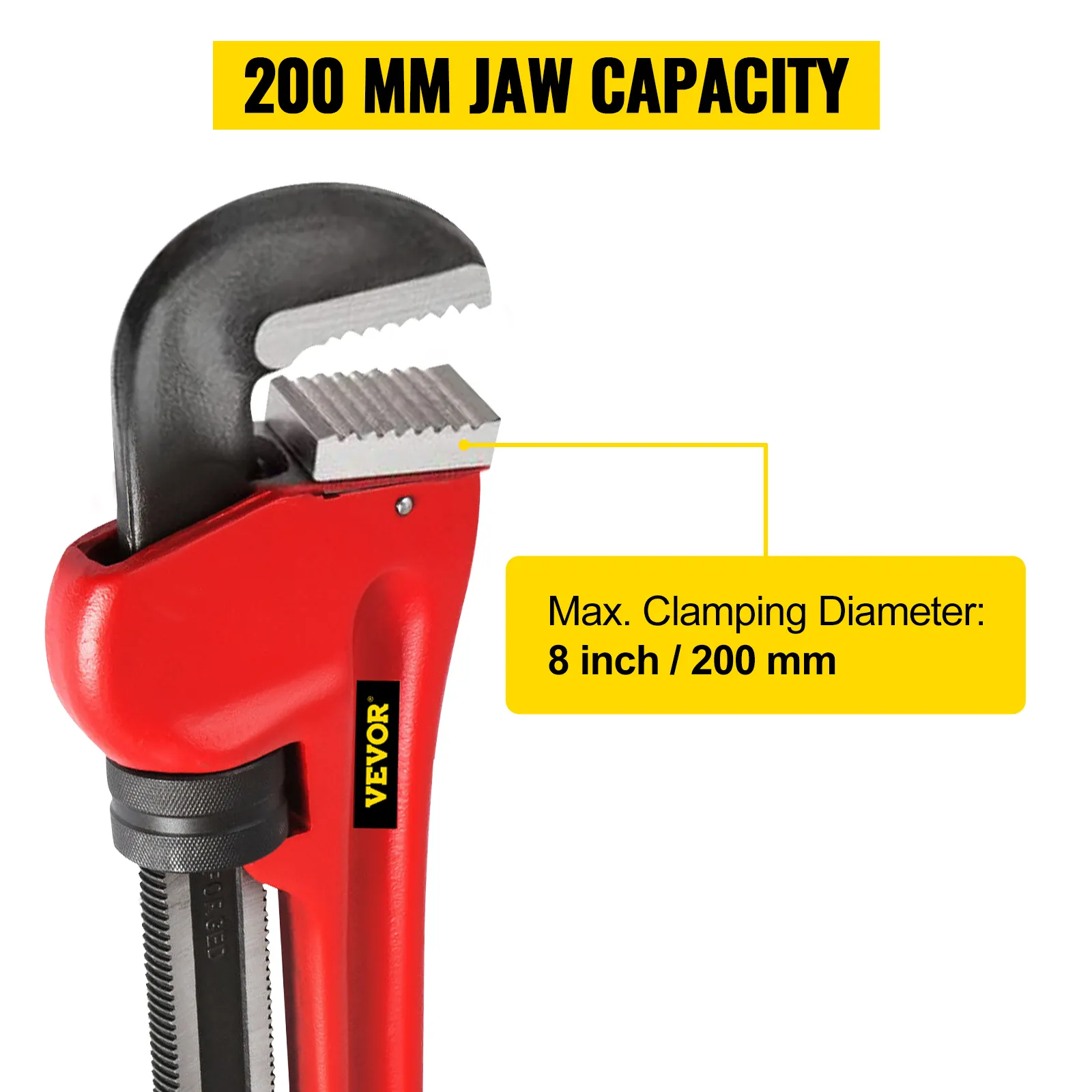 VEVOR pipe wrench with 200mm jaw capacity, 8-inch max clamping diameter.