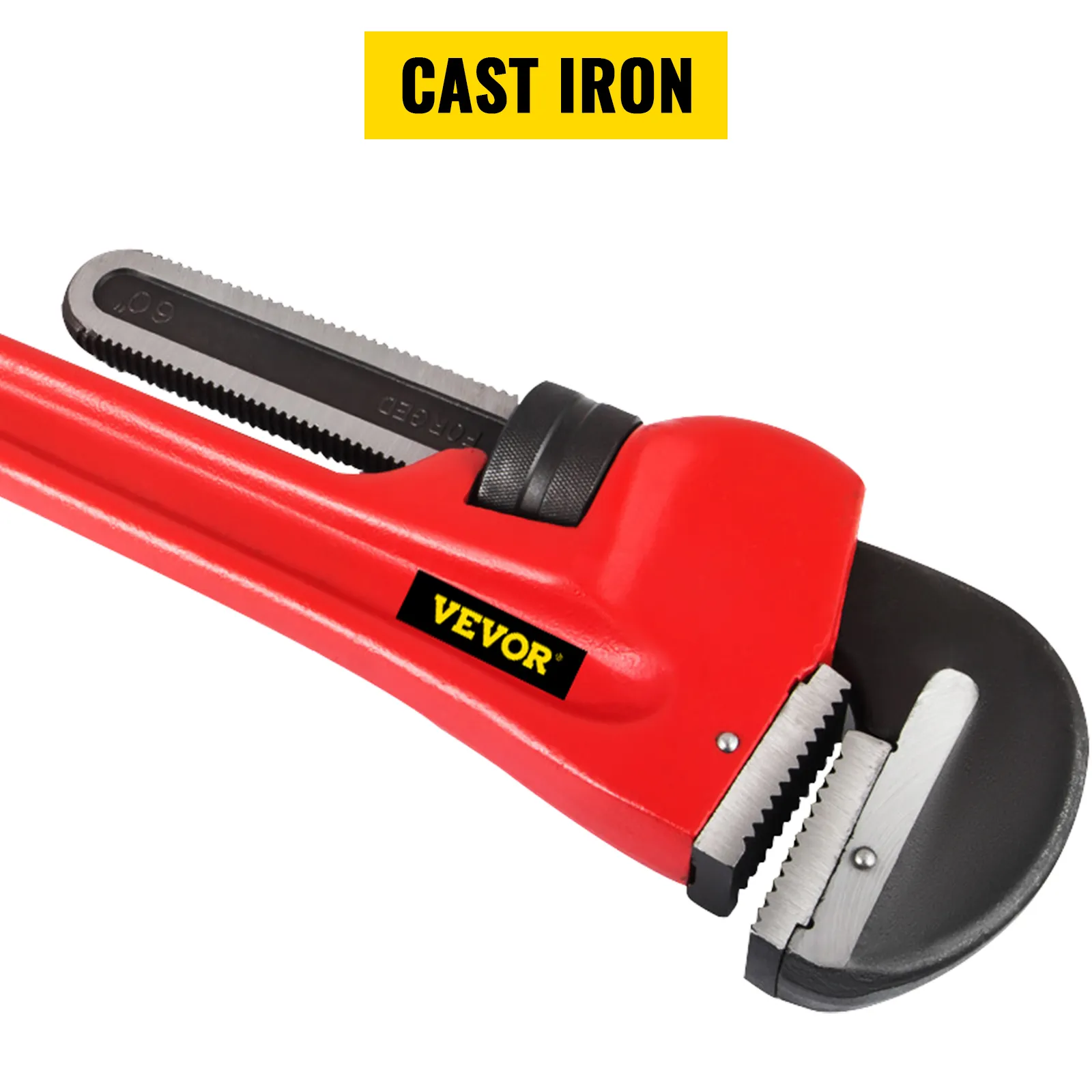 red VEVOR pipe wrench made of durable cast iron.