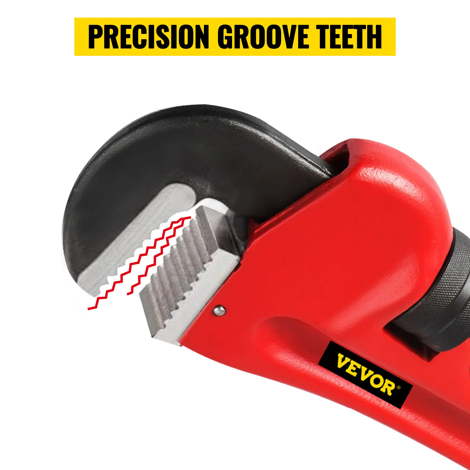VEVOR pipe wrench with precision groove teeth and red handle.