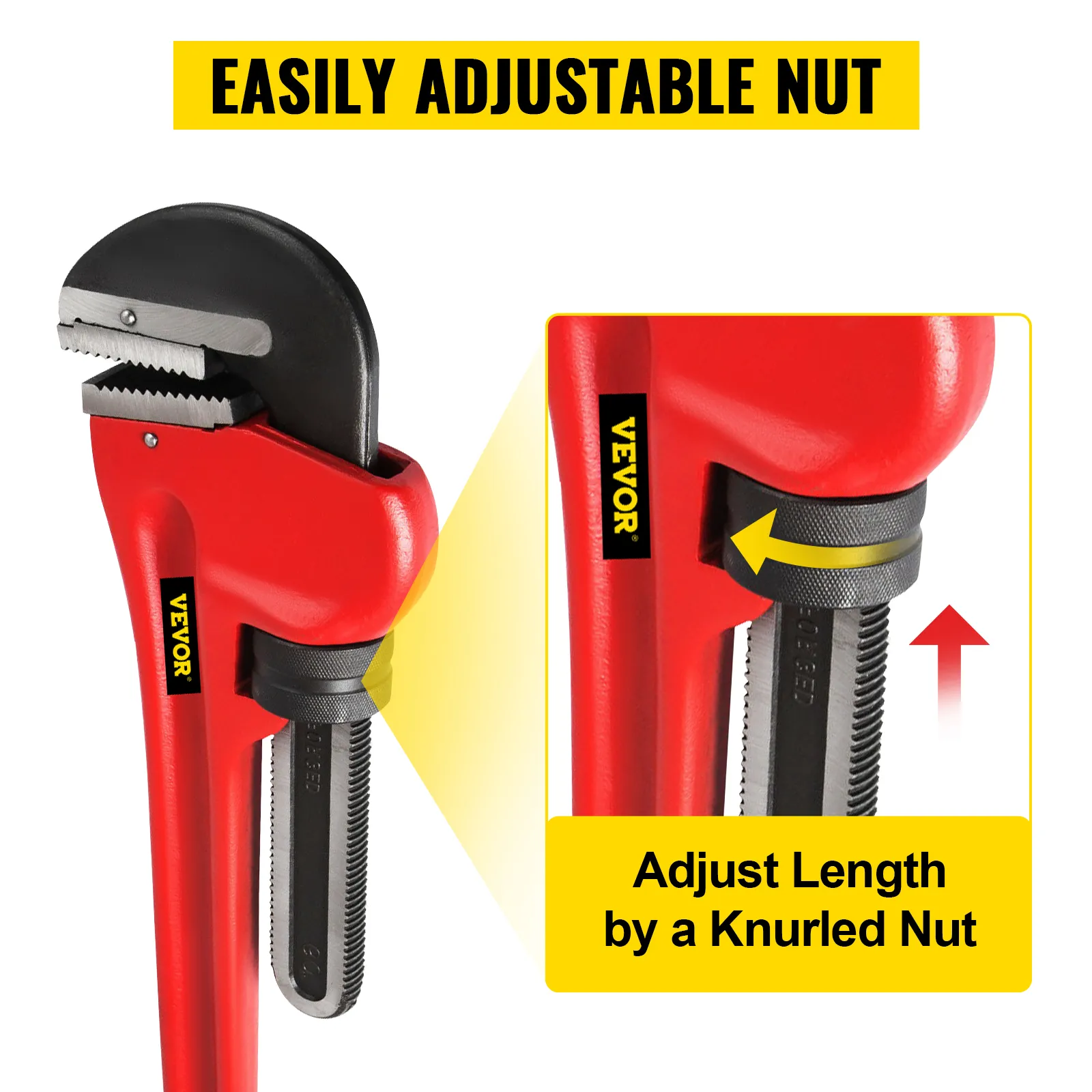 VEVOR pipe wrench with easily adjustable knurled nut for precise adjustments.