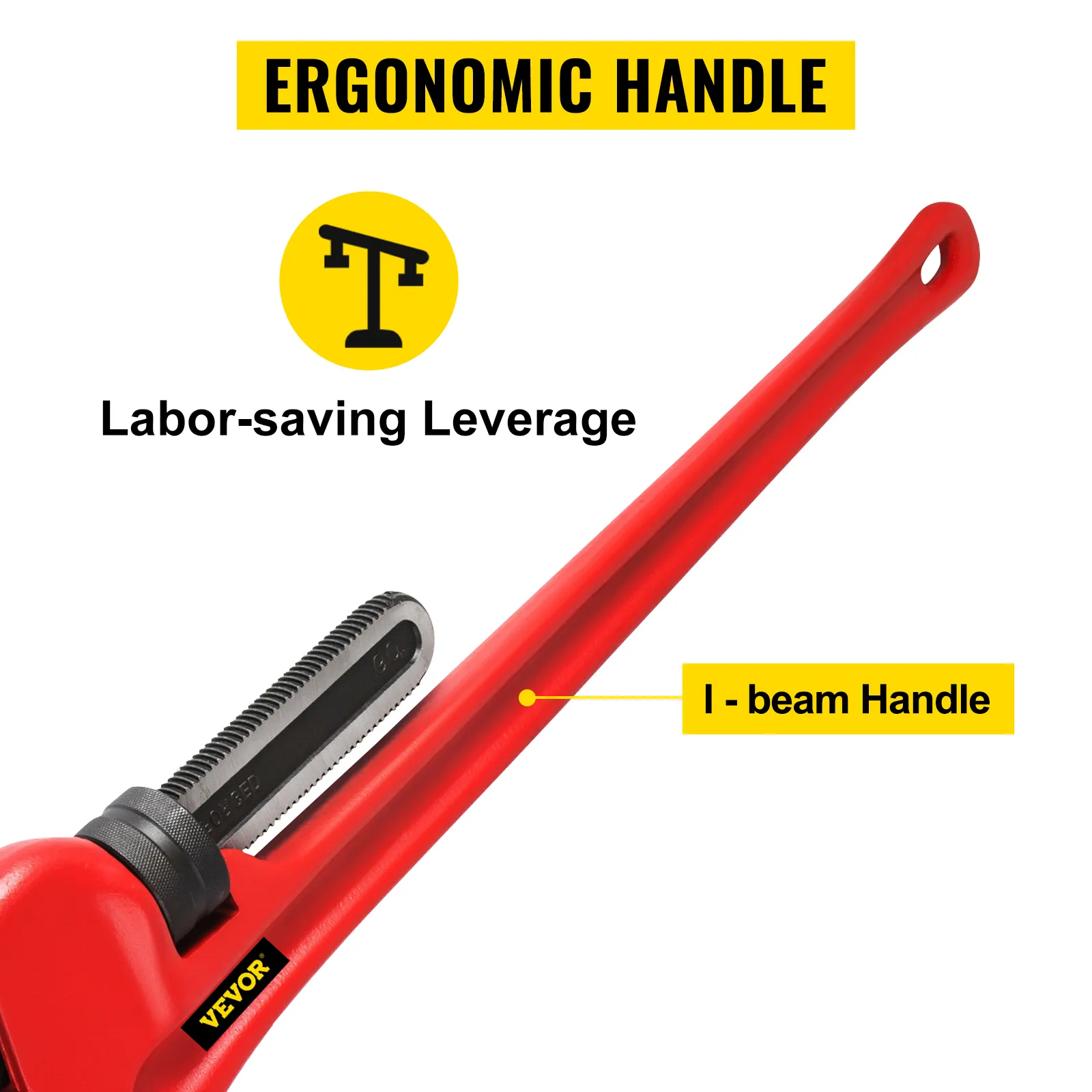 VEVOR pipe wrench with ergonomic i-beam handle and labor-saving leverage.