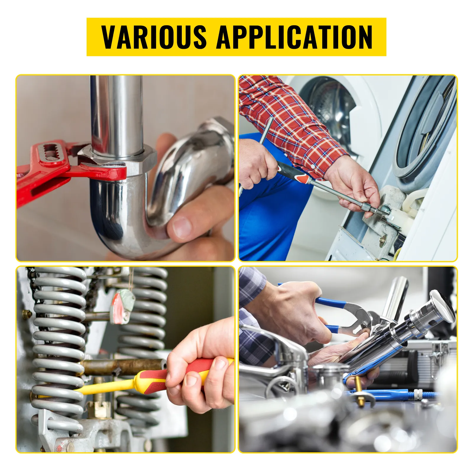 various uses of VEVOR pipe wrench in plumbing and mechanical tasks.