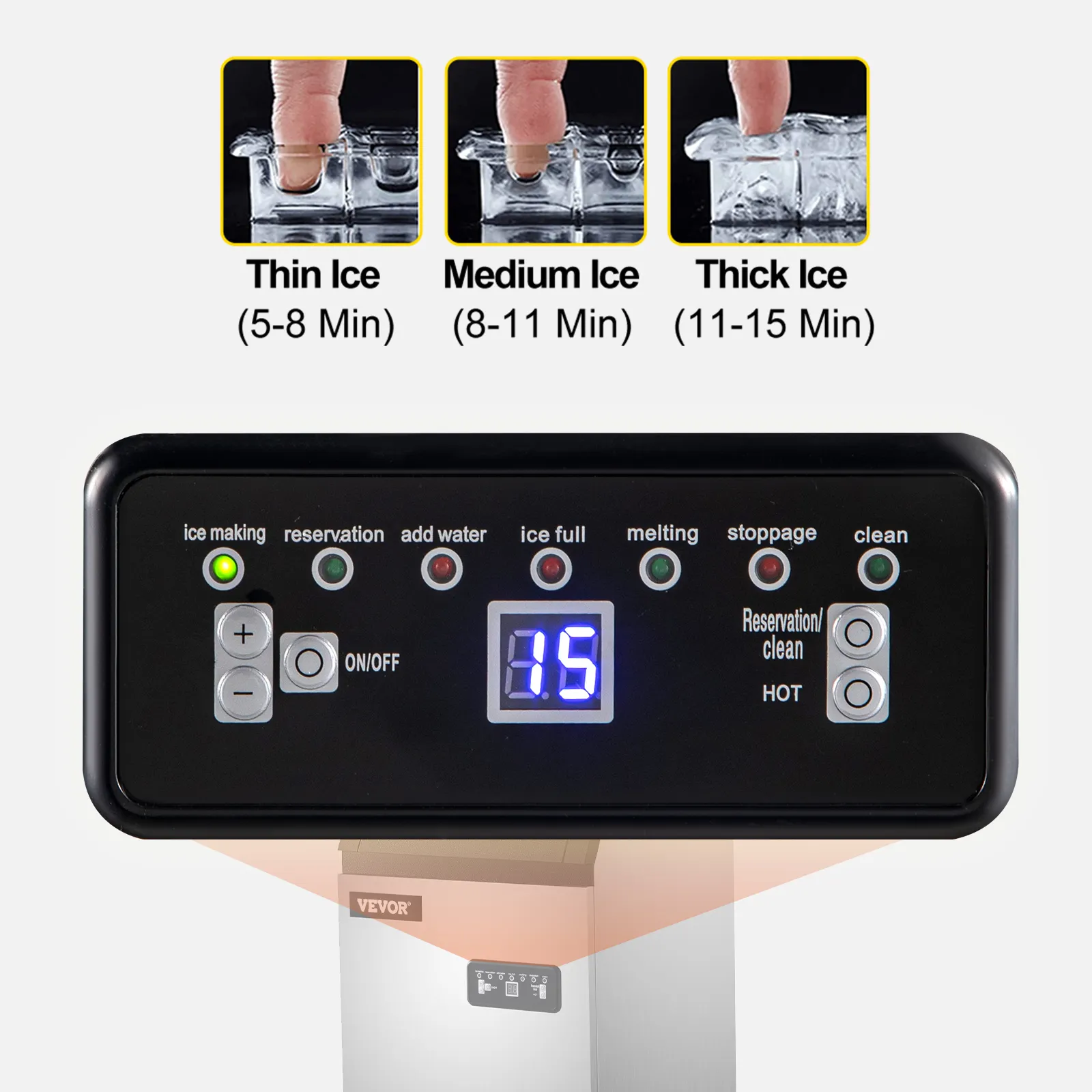 VEVOR commercial ice maker control panel with ice thickness and timer display.