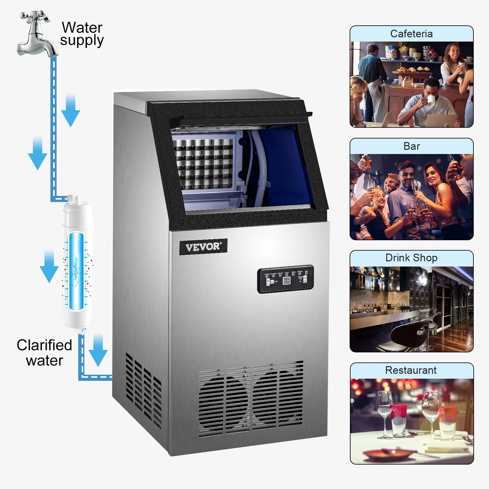 VEVOR commercial ice maker with water supply and clarified water, ideal for cafeterias, bars, drink shops, and restaurants.