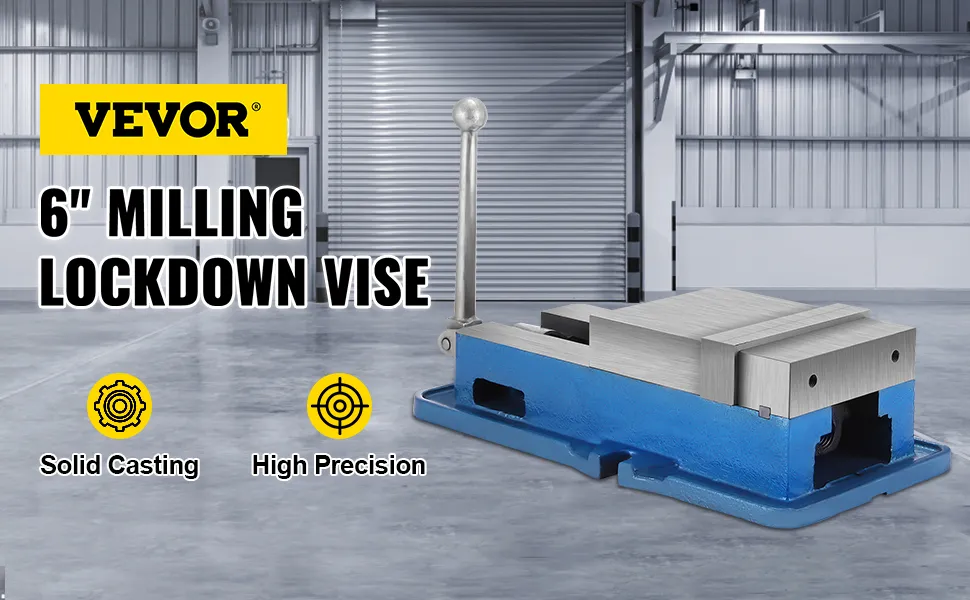 VEVOR milling vise in industrial setting, 6-inch lockdown with solid casting and high precision.