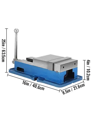 blue VEVOR milling vise with handle, dimensions shown: 16x8.5x4 inches.
