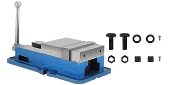 VEVOR milling vise with mounting bolts and hardware. blue base, metal handle.