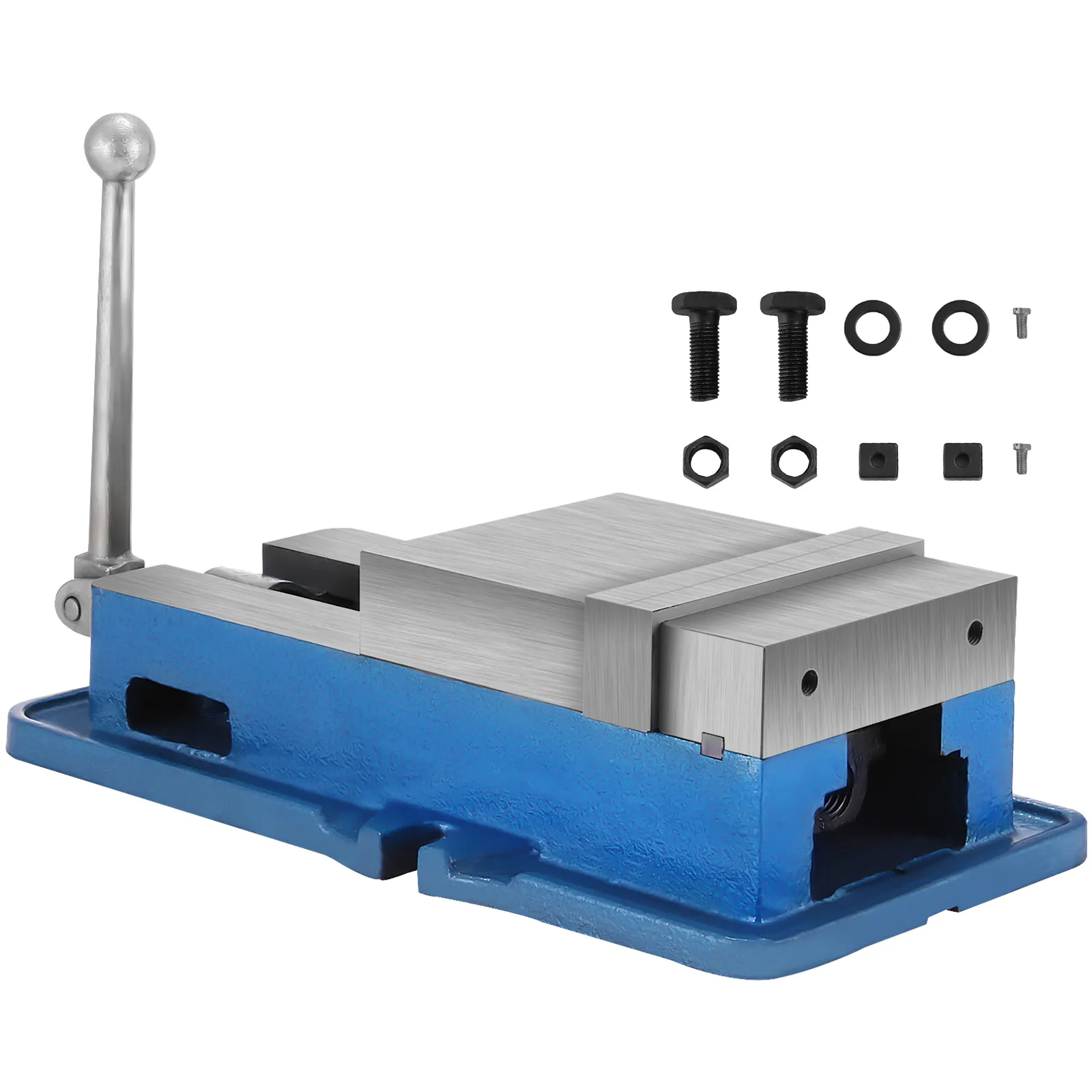 blue VEVOR milling vise with mounting bolts and accessories.