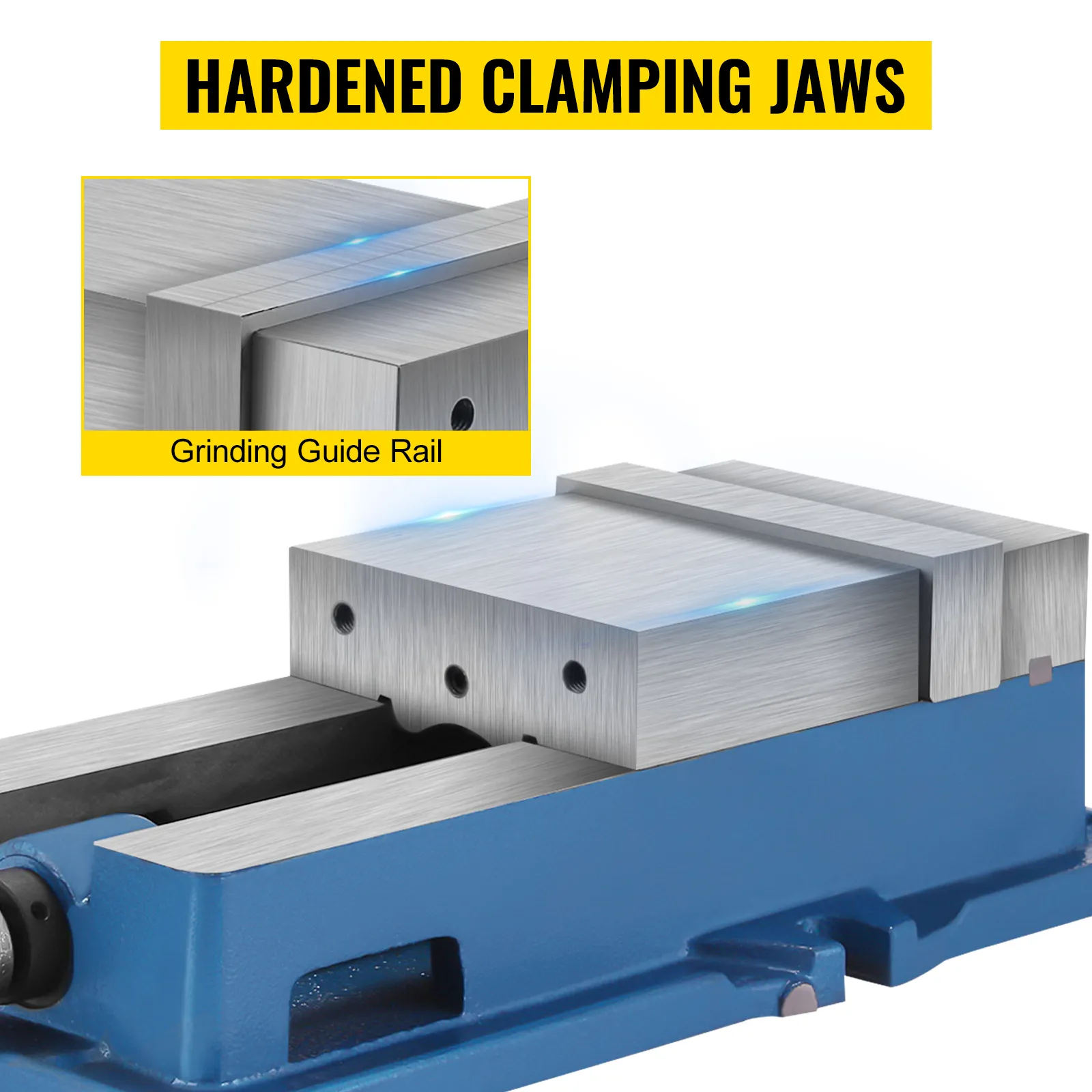VEVOR milling vise with hardened clamping jaws and grinding guide rail.
