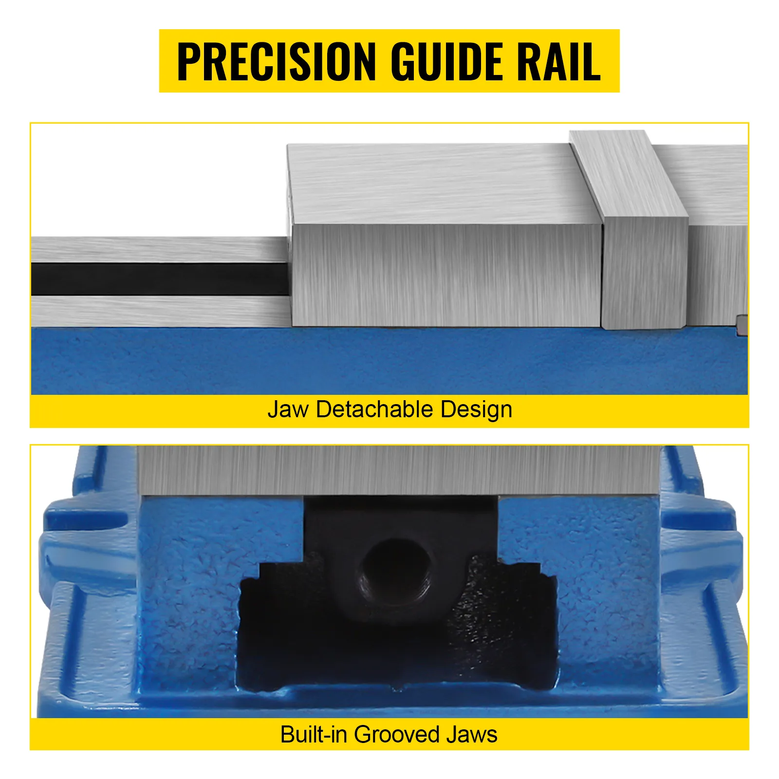 VEVOR milling vise with precision guide rail and jaw detachable design.