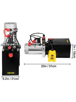 VEVOR hydraulic pump, black with attached controls, 8.2x7x20in dimensions displayed.
