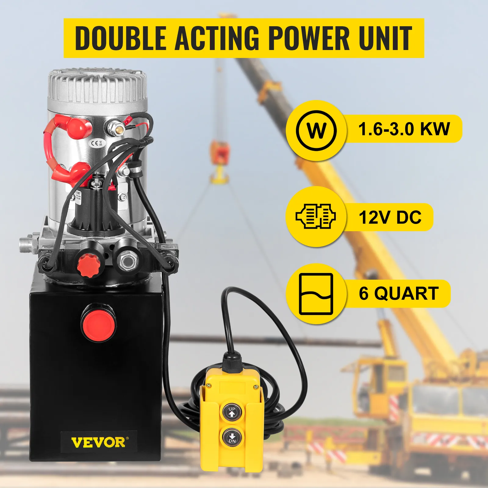 VEVOR hydraulic pump double acting power unit with 12v dc, 1.6-3.0kw, 6-quart capacity.
