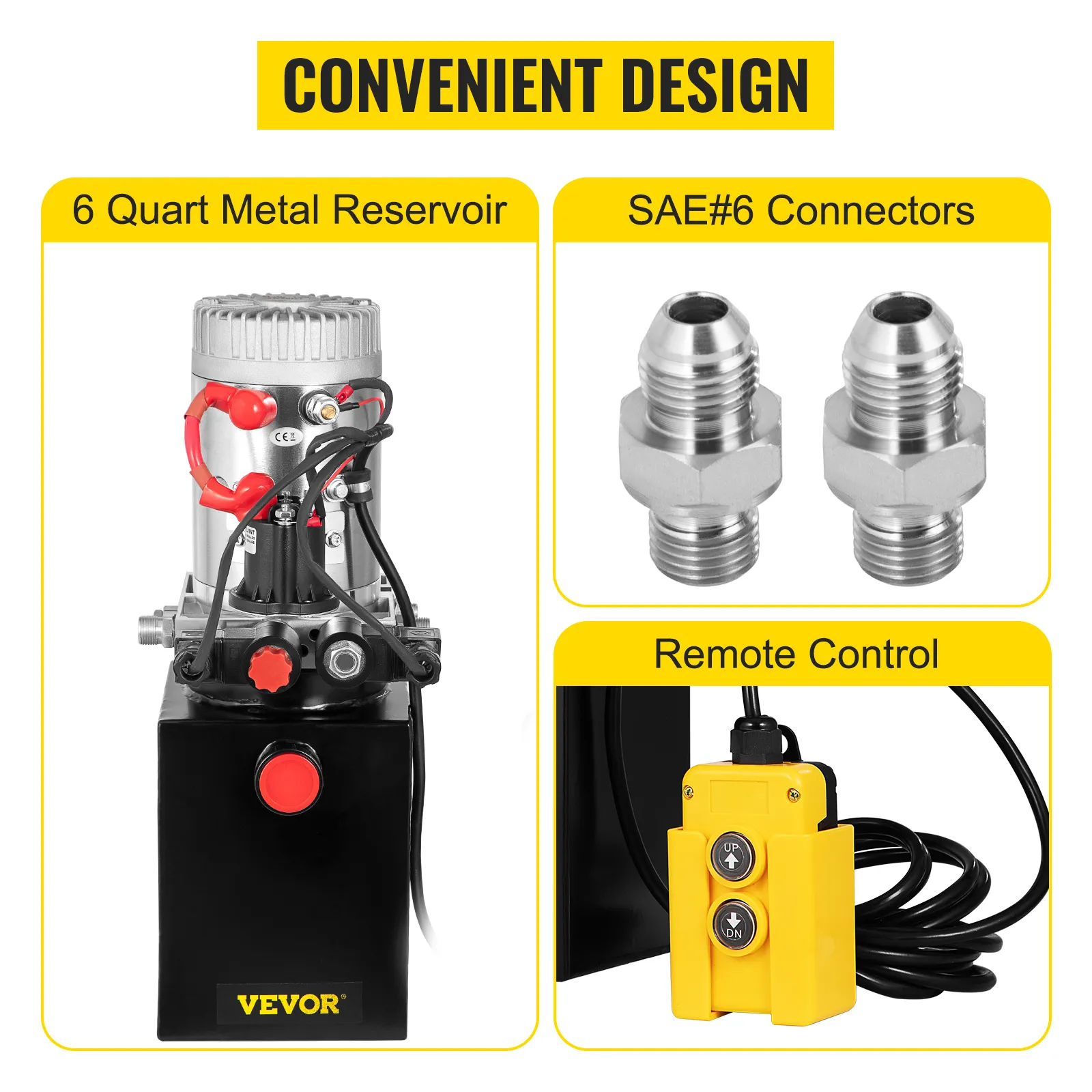 VEVOR hydraulic pump with 6 quart metal reservoir, sae#6 connectors, and remote control.