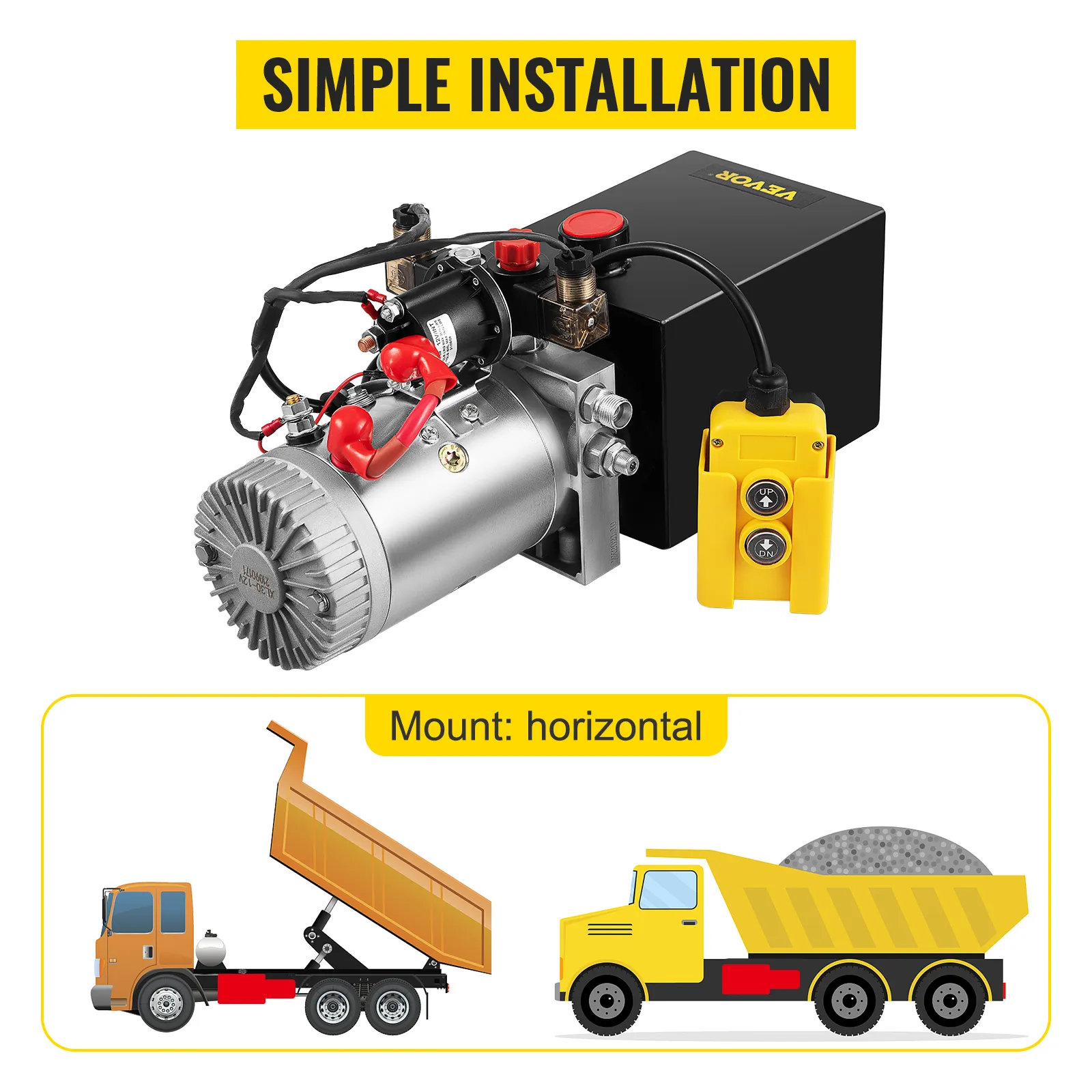 VEVOR hydraulic pump showing simple installation and horizontal mount for trucks.