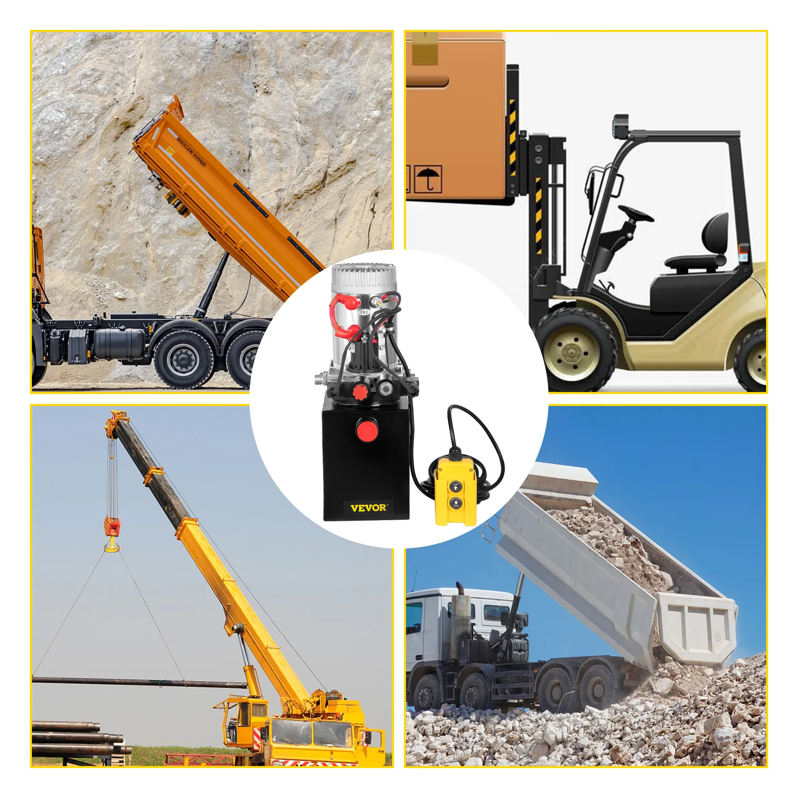 VEVOR hydraulic pump showcasing its applications with dump trucks, cranes, and forklifts.