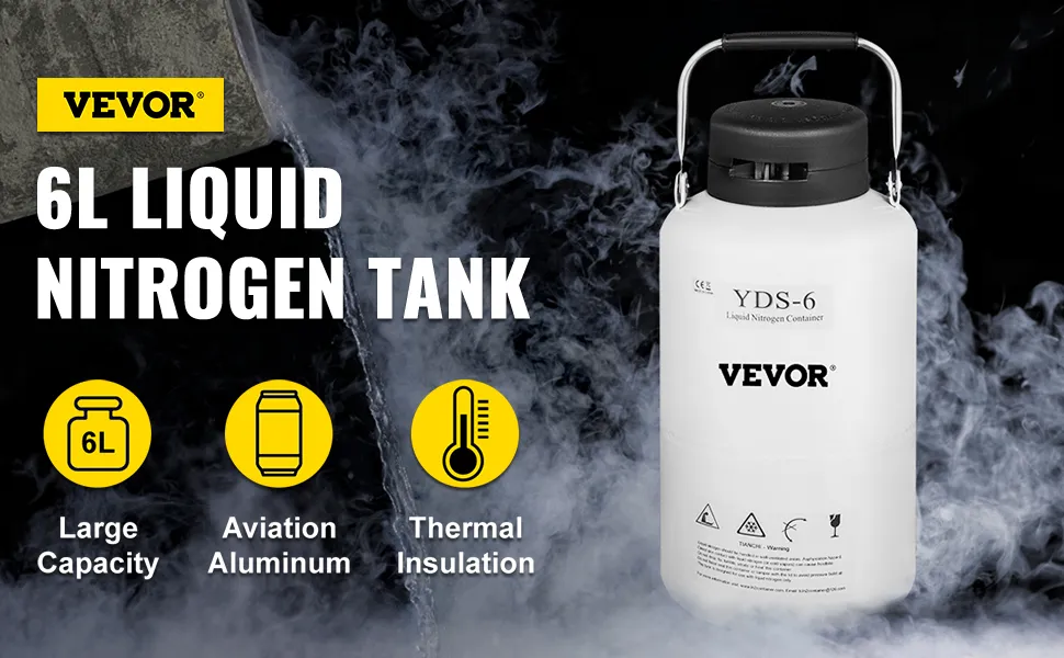 VEVOR liquid nitrogen tank in white with 6l capacity, aviation aluminum, and thermal insulation.