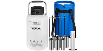 VEVOR liquid nitrogen tank with canisters and protective case.