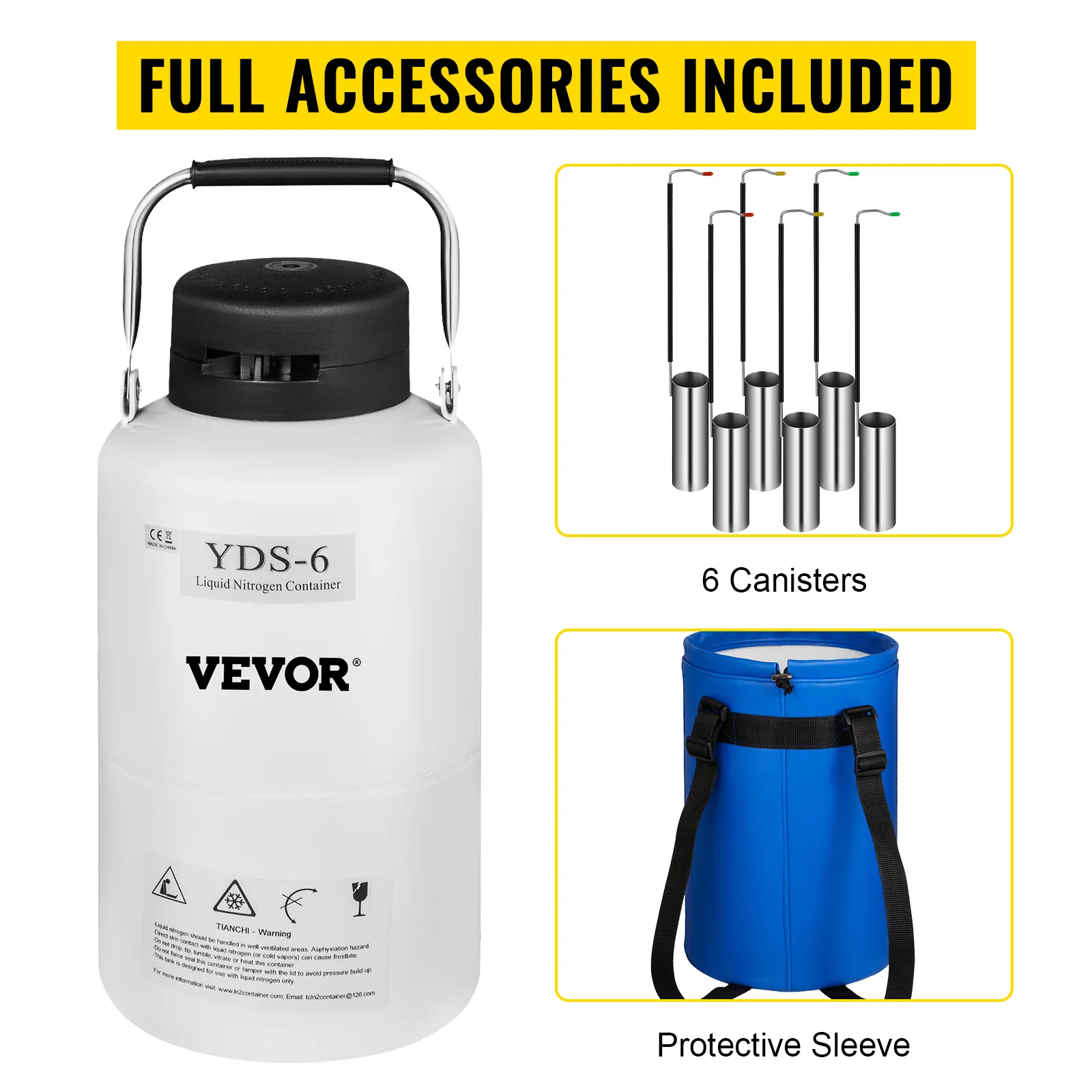 VEVOR liquid nitrogen tank with 6 canisters and protective sleeve, full accessories included.