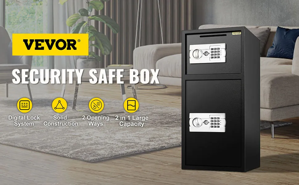 Cassetta di sicurezza VEVOR con serrature digitali in un ambiente soggiorno.
