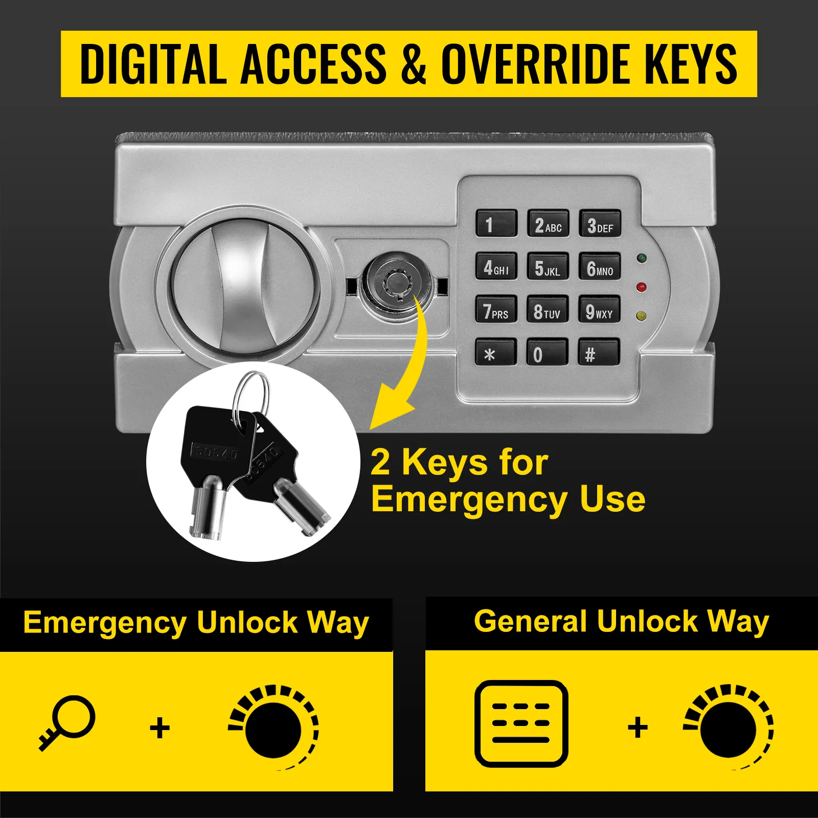 pannello di accesso digitale della cassaforte di sicurezza VEVOR con chiavi di emergenza e opzioni di sblocco.