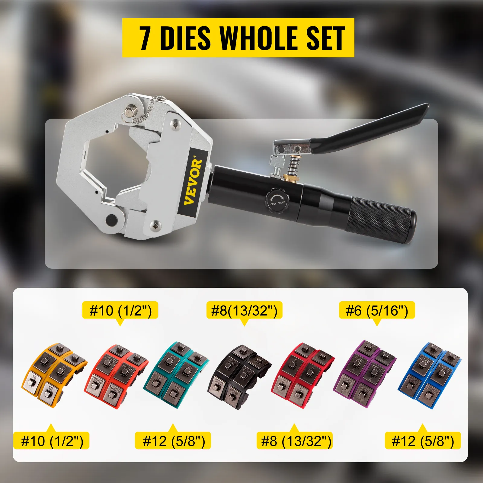 VEVOR hydraulic hose crimper with 7 interchangeable dies in assorted colors.