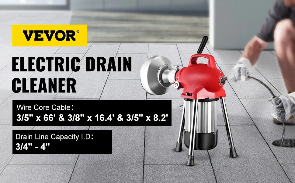 Se muestran las especificaciones de la máquina limpiadora de desagües VEVOR con cable de alambre y línea de desagüe.