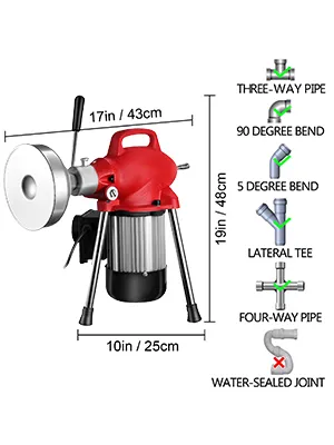 Máquina de limpieza de desagües VEVOR con guía de configuración de tuberías y dimensiones.