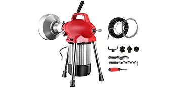 Máquina de limpieza de desagües VEVOR roja con accesorios y bobinas de cable sobre fondo blanco.