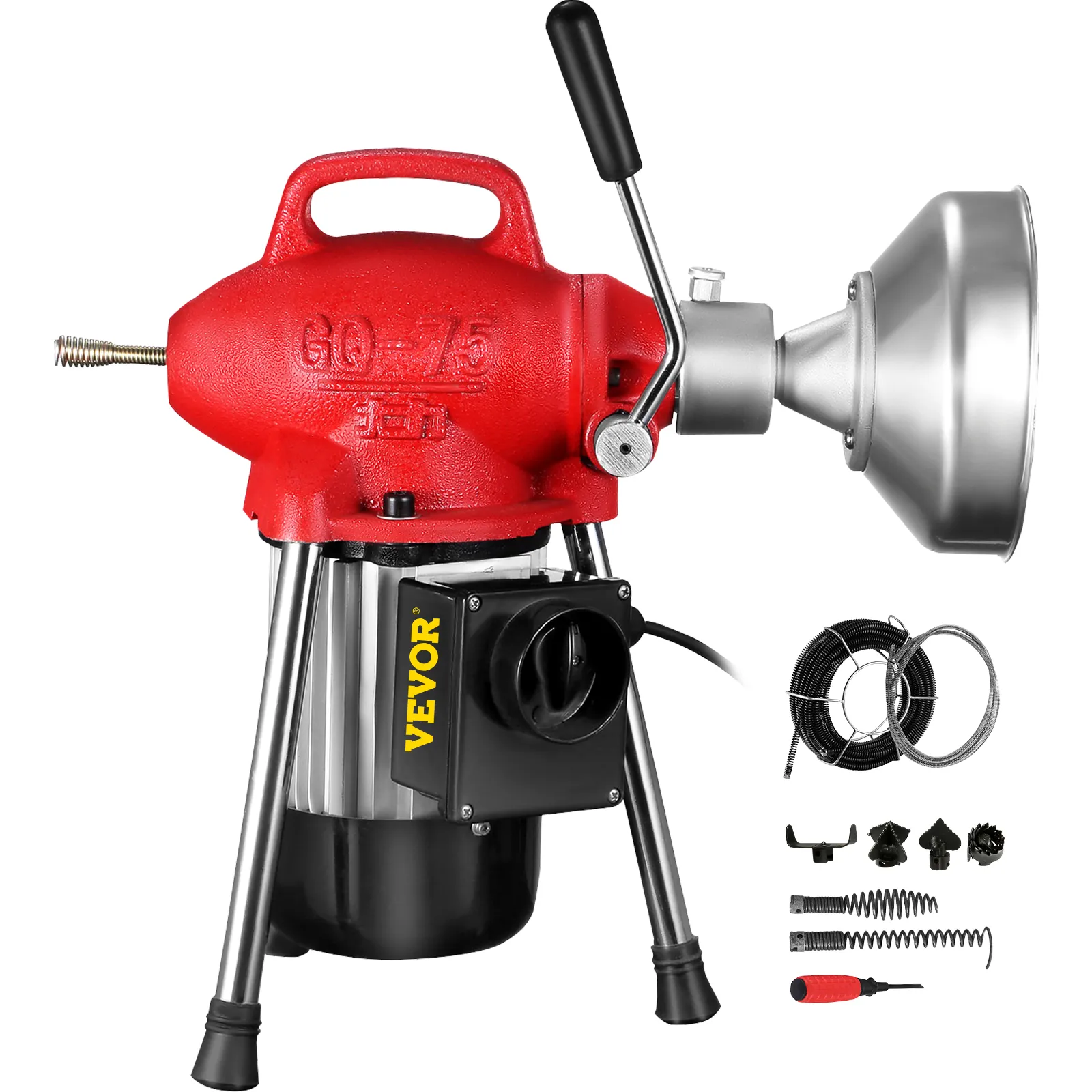 Máquina limpiadora de desagües VEVOR roja y plateada con varios accesorios.