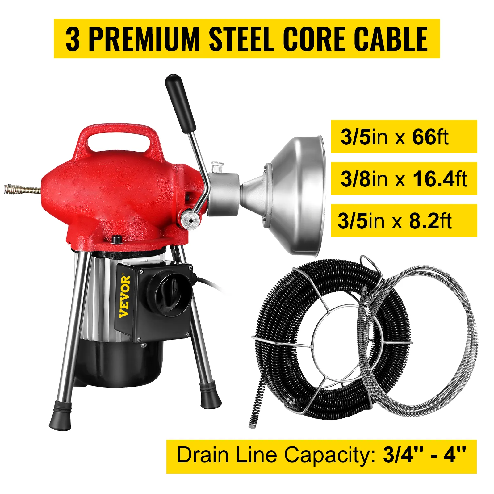 Máquina de limpieza de desagües VEVOR con tres cables de acero para distintos tamaños de desagües.