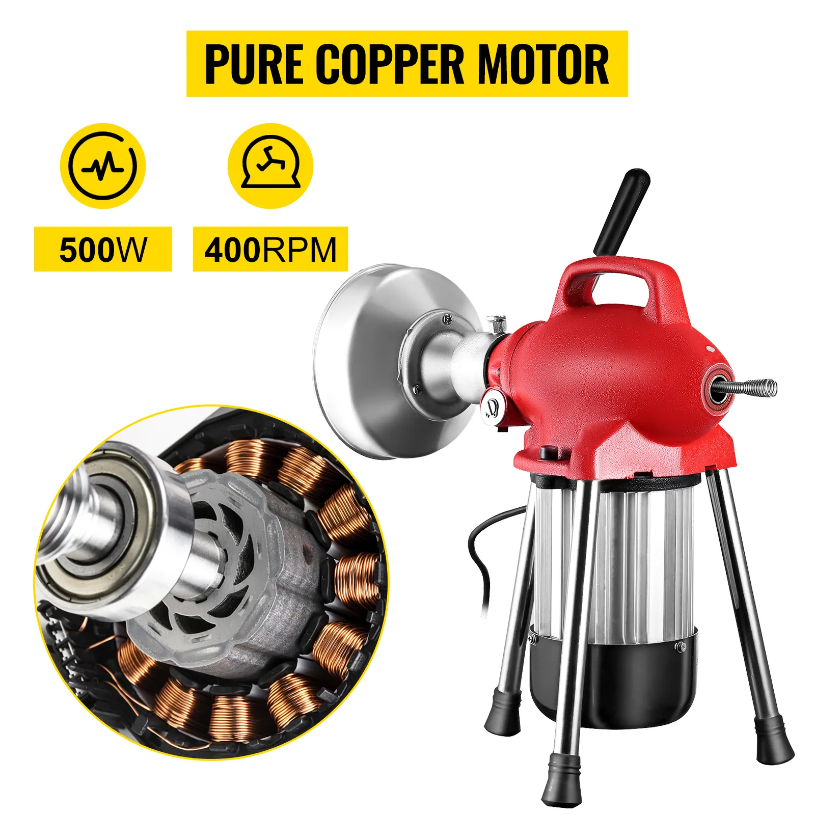 Máquina limpiadora de desagües VEVOR con motor de 500w y 400 rpm con motor de cobre puro.