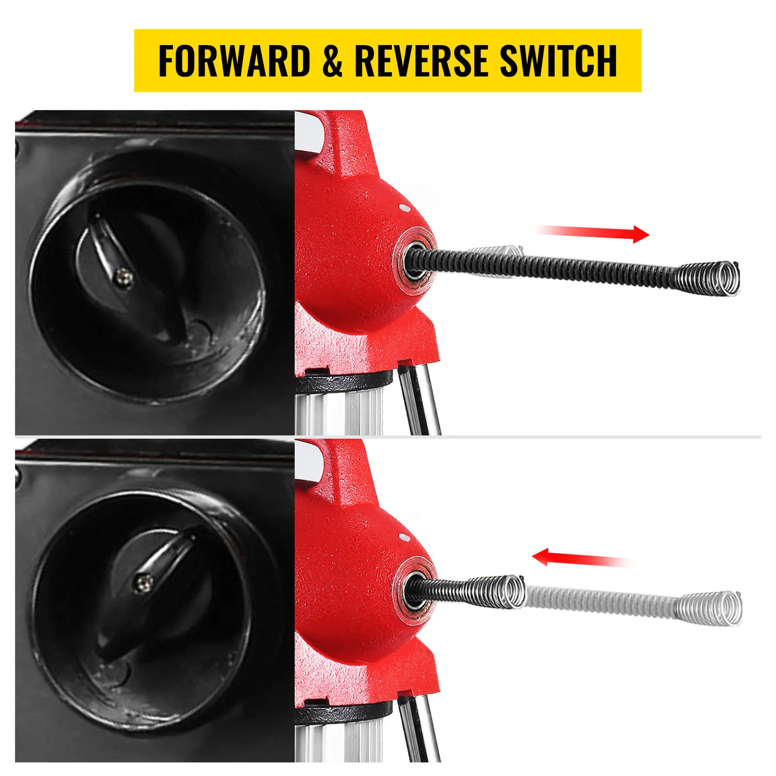 Interruptor de avance y retroceso en la máquina de limpieza de desagües VEVOR para un funcionamiento eficiente.